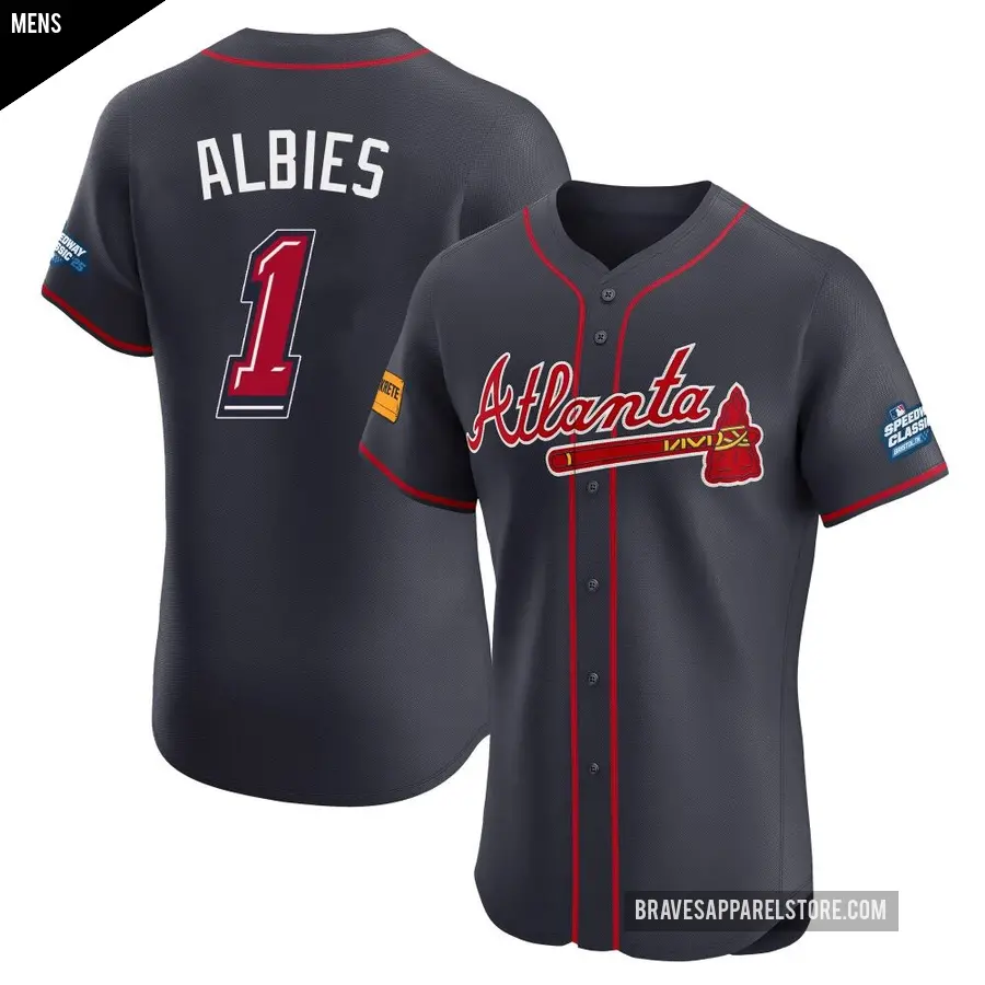 Men's Atlanta Braves ＃1 Ozzie Albies Elite Navy 2025 Speedway Classic Alternate Jersey