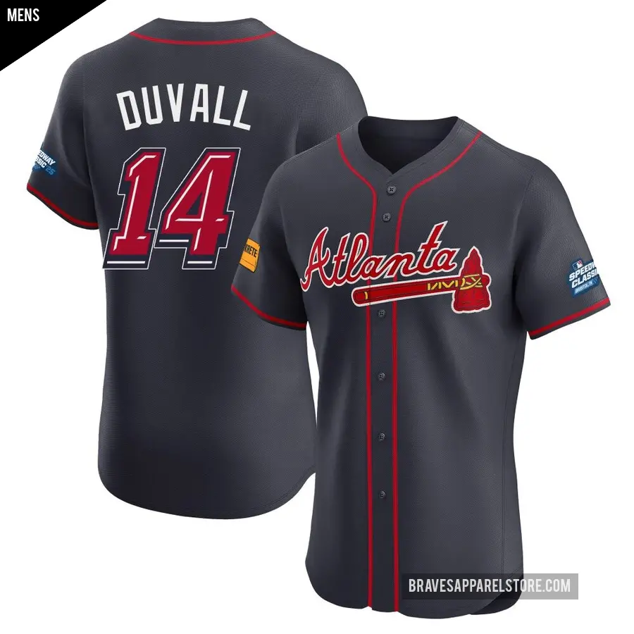 Men's Atlanta Braves ＃14 Adam Duvall Elite Navy 2025 Speedway Classic Alternate Jersey