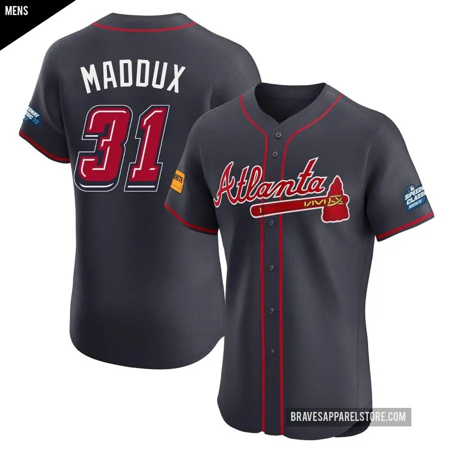 Men's Atlanta Braves ＃31 Greg Maddux Elite Navy 2025 Speedway Classic Alternate Jersey