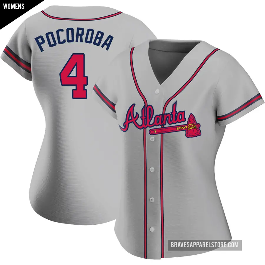 Women's Atlanta Braves ＃4 Biff Pocoroba Authentic Gray Road Jersey