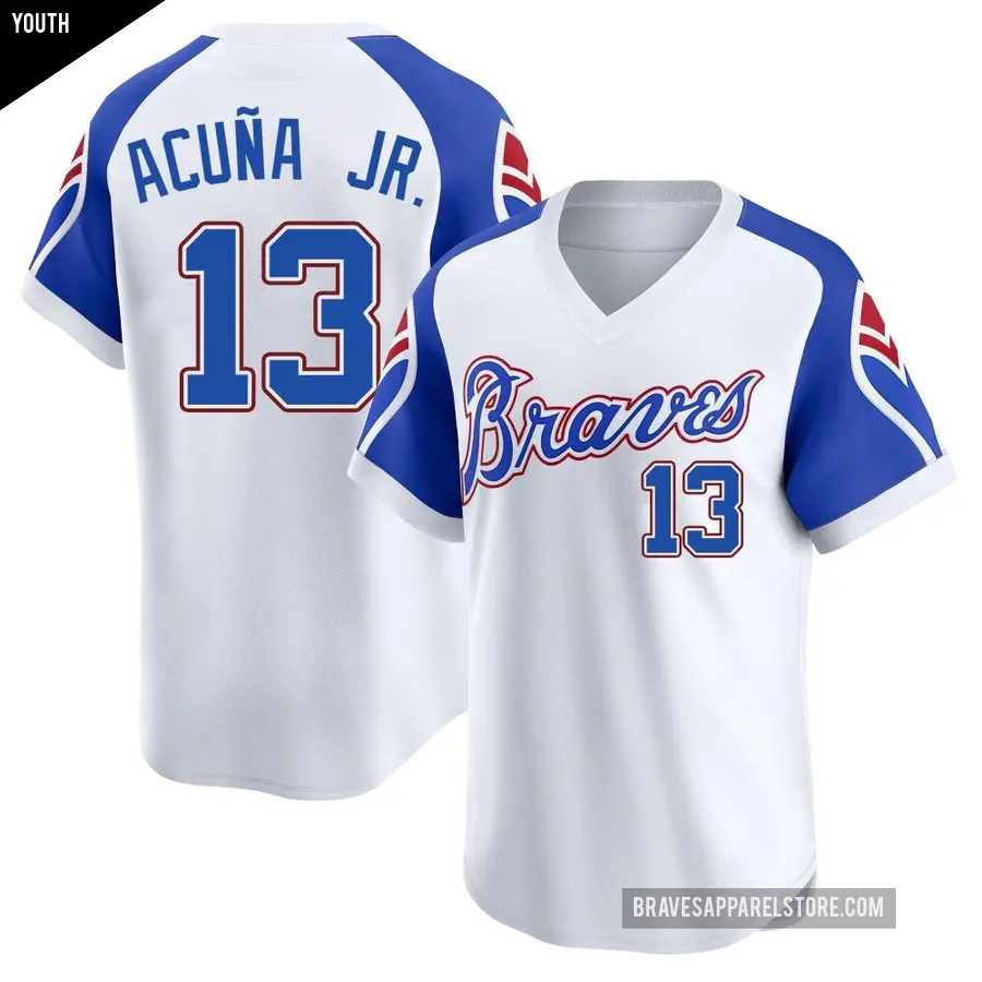Youth Atlanta Braves ＃13 Ronald Acuna Jr. Limited White Throwback Cooperstown Collection Jersey