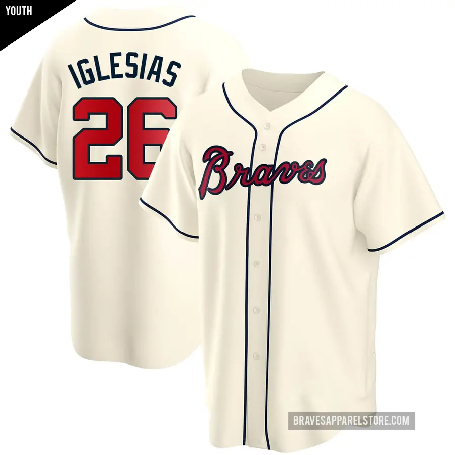 Youth Atlanta Braves &#65283;26 Raisel Iglesias Replica Cream Alternate Jersey