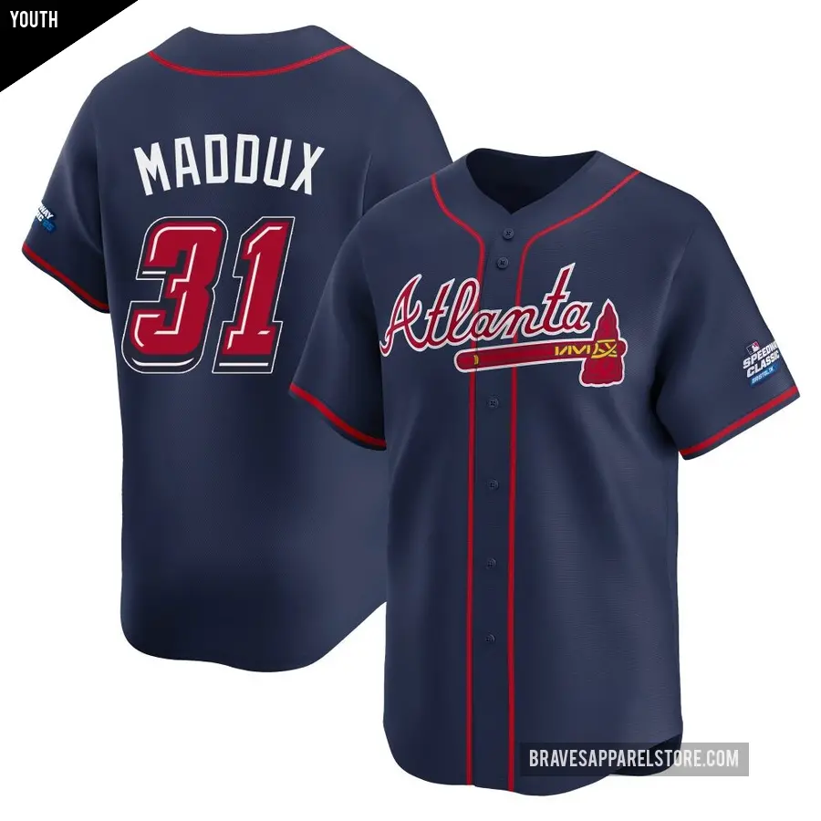 Youth Atlanta Braves ＃31 Greg Maddux Limited Navy 2025 Speedway Classic Alternate Jersey
