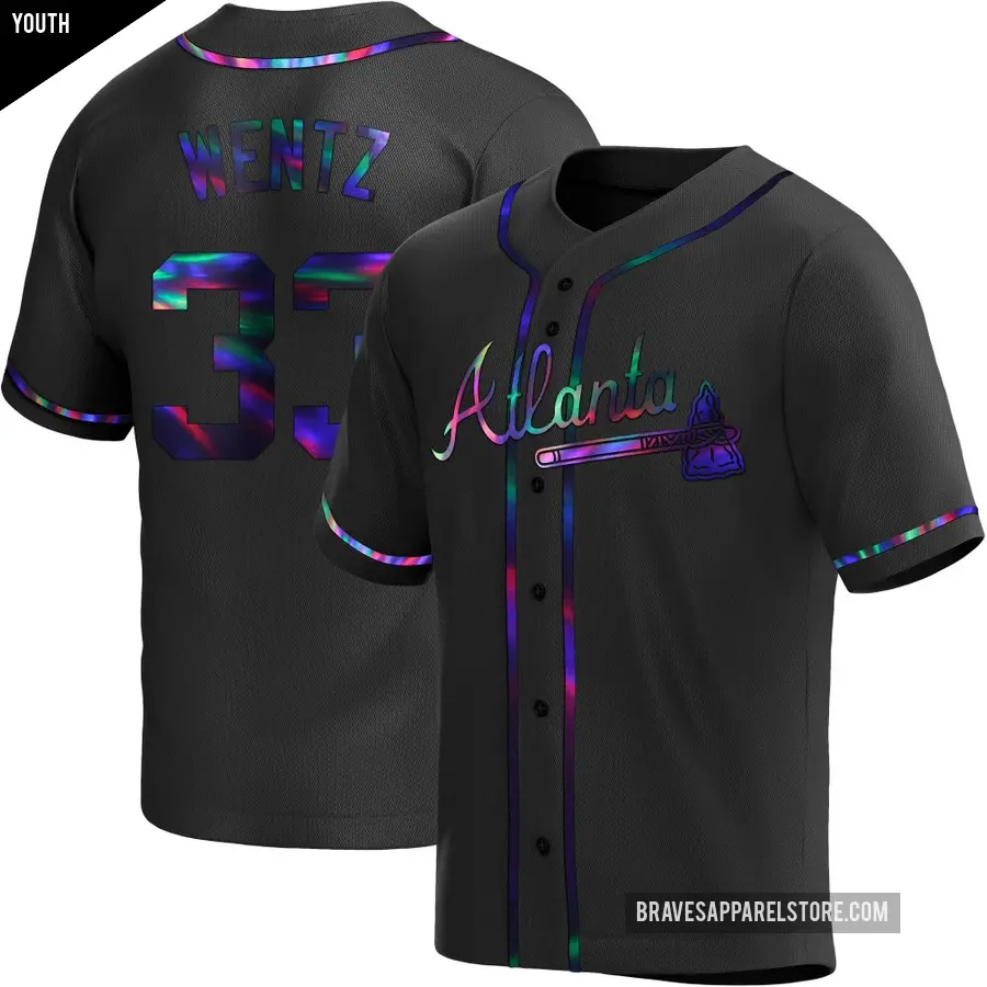 Youth Atlanta Braves ＃33 Joey Wentz Replica Black Holographic Alternate Jersey