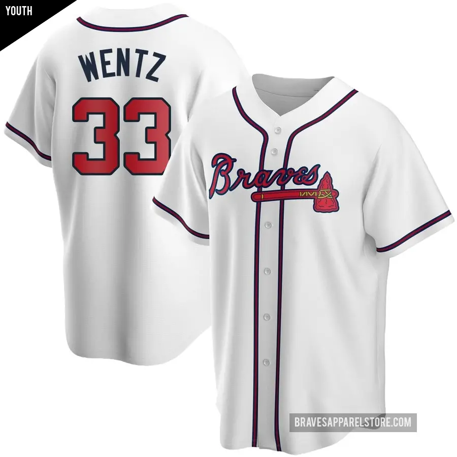 Youth Atlanta Braves ＃33 Joey Wentz Replica White Home Jersey