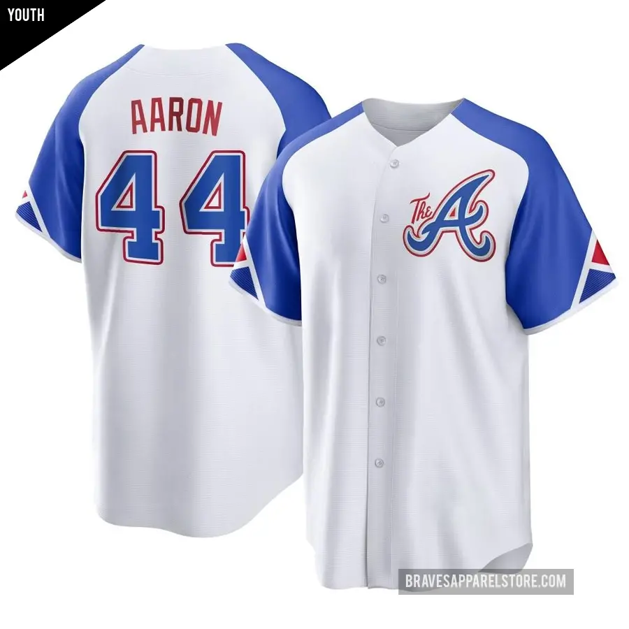 Youth Atlanta Braves ＃44 Hank Aaron Replica White 2023 City Connect Jersey