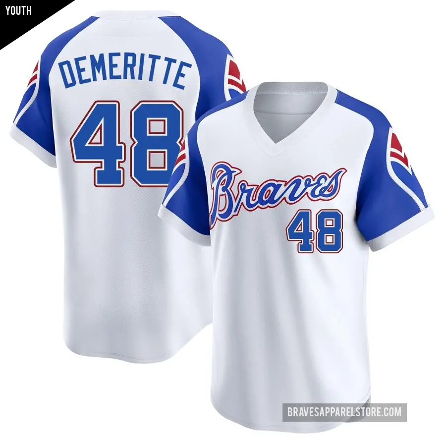 Youth Atlanta Braves ＃48 Travis Demeritte Limited White Throwback Cooperstown Collection Jersey